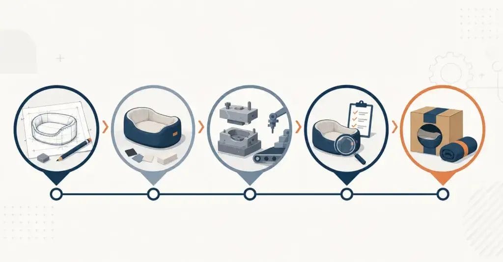 Horizontal 5-stage manufacturing timeline illustration for pet products from prototype to mass production