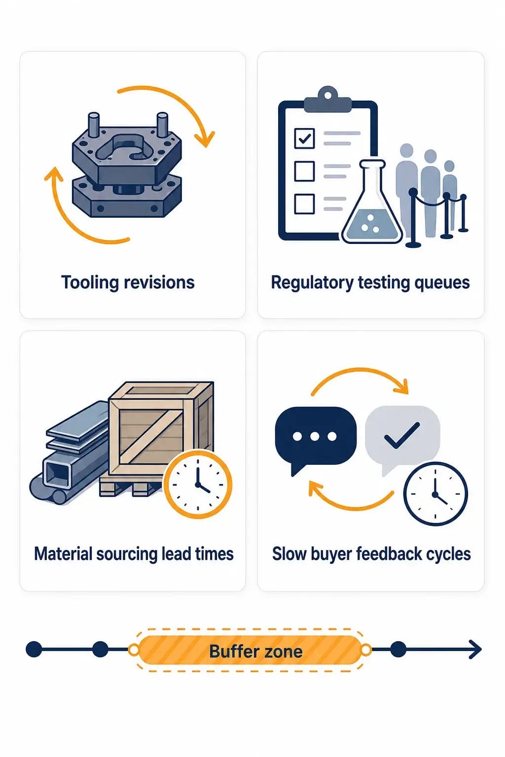 The Pet Product Manufacturing Timeline: From Prototype to Mass Production Infographic of four common manufacturing delay causes: tooling revisions, regulatory testing, material sourcing, and slow buyer feedback