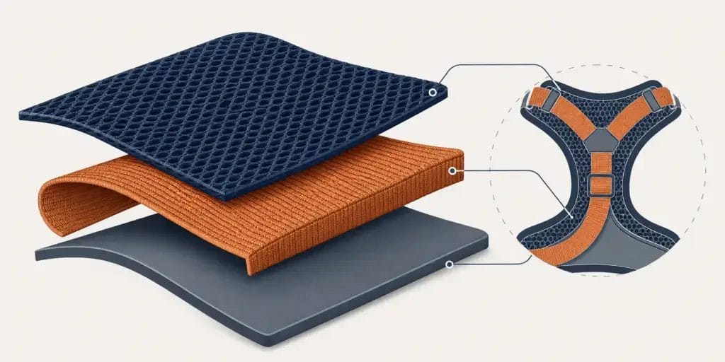 The three main dog harness materials — air mesh, nylon webbing, and coated webbing