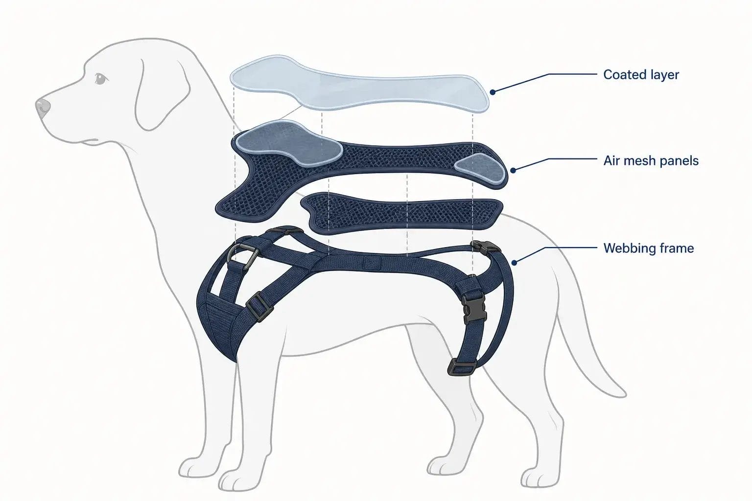 How nylon webbing, air mesh, and a coating combine in a single dog harness