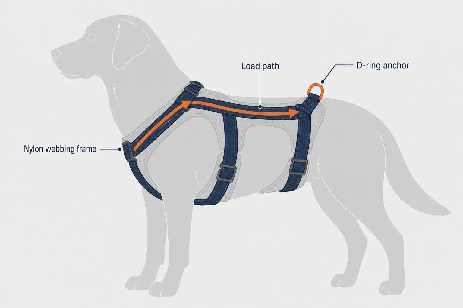 The nylon webbing frame of a dog harness, including load-bearing straps and the D-ring